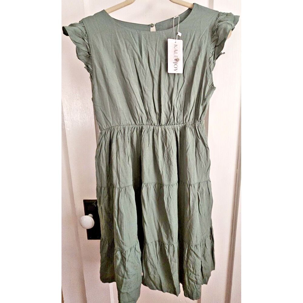 NWT KALEEJOY green flutter cap sleeves tiered dress‎ women Sz small